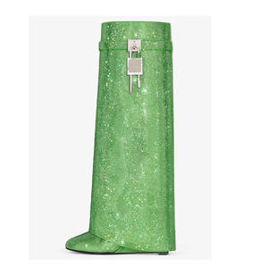 รองเท้าส้นสูงผู้หญิงหัวแหลมทรงถังยาว, รองเท้าส้นเตารีดหนังแท้เพิ่มความสูงความสูงความสูงรองเท้าบูทหุ้มข้อแบบสวมหัว - Product Image 2