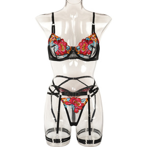 <span class=keywords><strong>Ropa</strong></span> de Stripper Femenina Sexy y <span class=keywords><strong>Sensual</strong></span> de Buena Calidad, Lencería Exótica Transparente con Bordado de Flores Primaverales y Liguero - Product Image 4