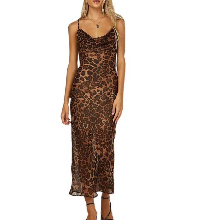 2021 moda leopar baskı ince uydurma kayma basit uzun Maxi elbise kadın giyim
