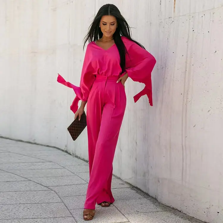 2023 INS fashion casual suit V-neck long-sleeved garment tied knot high waist wide leg trousers two-piece set