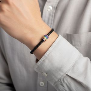 Leather Woven <b>Bracelet</b> Rainbow Color Block Stainless Steel Clasp Unisex Gift Jewelry Black And Brown - Product Image 4