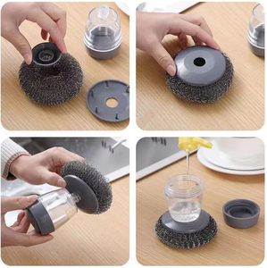 Kitchen Gadgets PET Soap Dispensing Palm <b>Scrub</b> Cleaning <b>Brush</b> Plastic Pot Scrubber Dish <b>Brush</b> With Soap Dispenser - Product Image 4