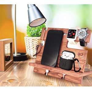 Nightstand Office Desk Key Hooks Holder Wallet Stand Smartwatch Organizer Natural Pine Walnut Wood Phone Docking Station for Men - Product Image 4
