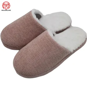 OEM Customized Women's Knit Memory Foam Slippers Slip-on Cashmere Winter Warm Plush House Rubber Sole Slipper For Women