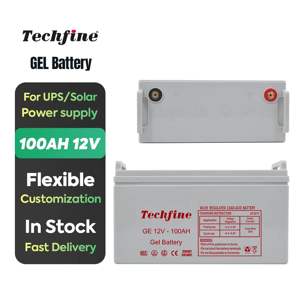 12V 100AH jel depolama batarya kurşun AGM şarj edilebilir saf kurşun pil Techfine UPS pili güneş enerjisi sistemi için