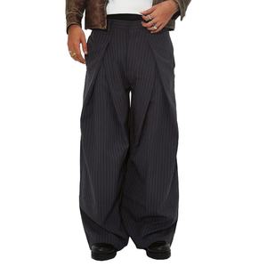 กางเกงขายส่งคุณภาพสูง ผ้าขนสัตว์ลายทาง ทรงสูท คลาสสิก แฟชั่น สบายๆ สีเทาเข้ม กางเกงพลีทลายทางสำหรับผู้ชาย - Product Image 2