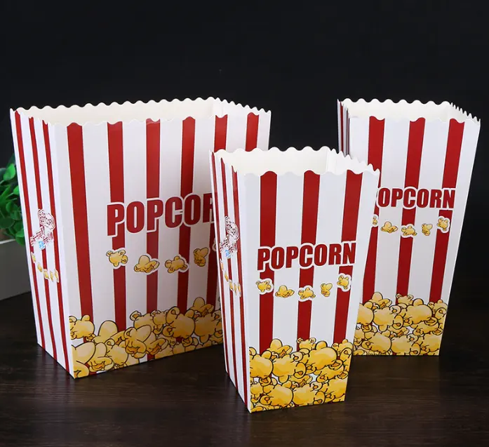 Individuell bedruckte rote weiße Streifen Design Einweg-Popcorn-Schachteln aus Karton Papier für Filmnacht Party Hochzeit Popcorn-Schachteln