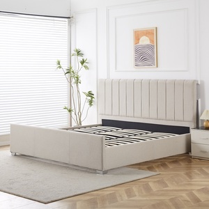Cama de plataforma tapizada Pretty Channel en beige y gris, tamaño Queen/King, con cabecero alto - Product Image 2