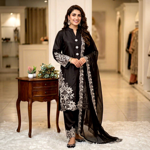 Salwar Kameez traditionnel pour femmes, en soie brodée marron, longueur au sol, tenue de soirée, style Inde Pakistan - Product Image 1