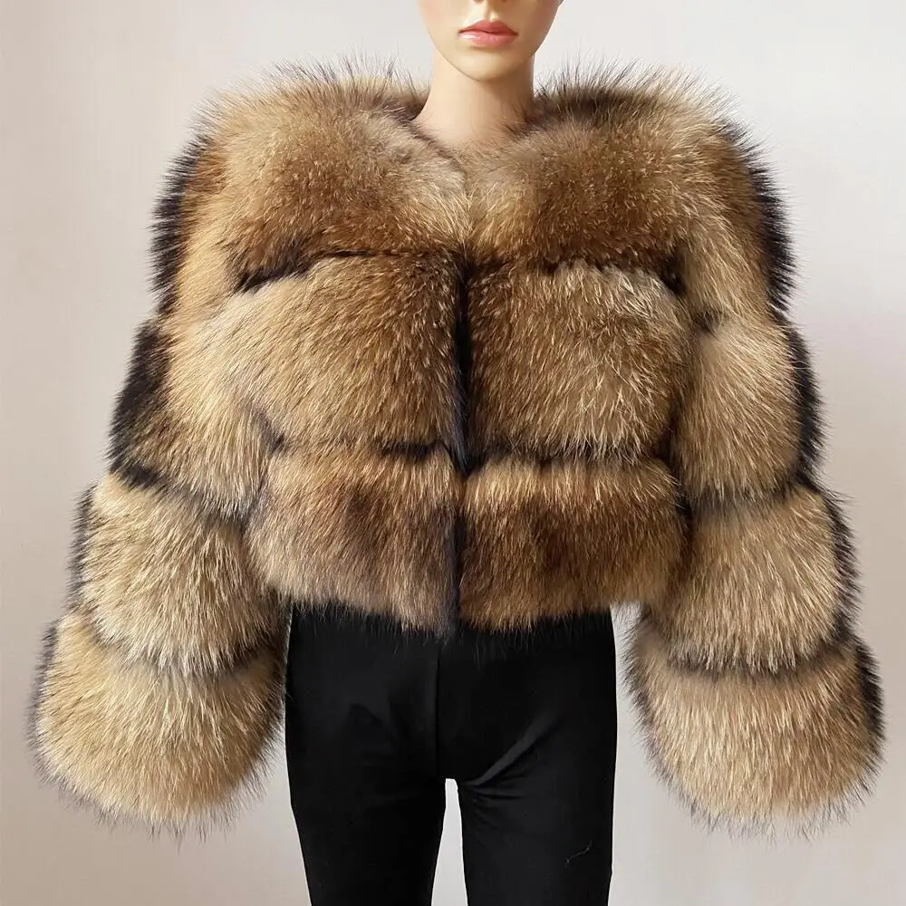 Fur Coat Women Luxury Real Raccoon Fur Coat Warm Thick Natural Long Sleeve Fur Jacket