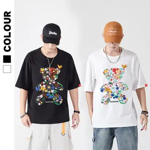 Camisetas masculinas modernas hip hop, camisetas bordadas de algodão com urso, preto e branco