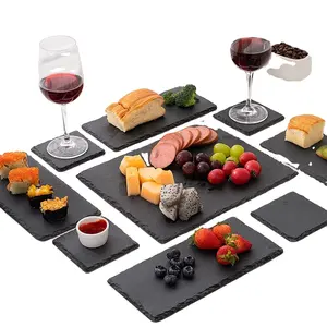 黑色石板晚宴盘子长方形套装娱乐套装6个迷你石板奶酪板配皂石粉笔