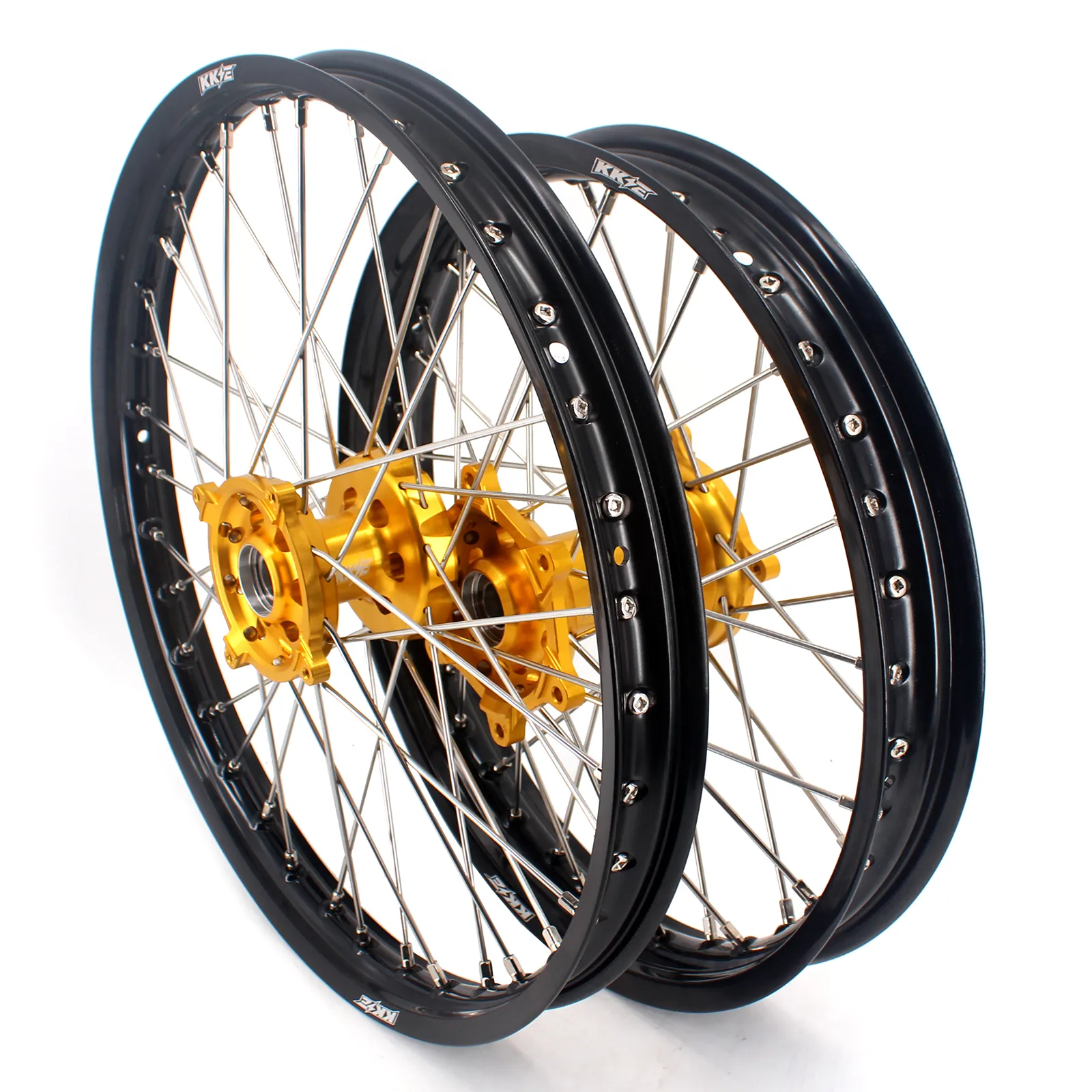 KKE Motorcycle Motocross MX 19 inch Alloy Wheels Rims Set Fit for SUZUKI RMZ250 RMZ450 Gold Hub Black Rim 304 Stainless Steel