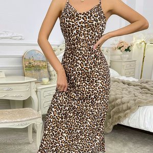 Nuevo camisón largo sin espalda con estampado de leopardo, vestido halter al por mayor, camisón con cuello en V para mujer - Product Image 2