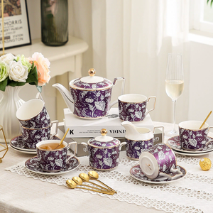 ชุดน้ำชาและกาแฟเซรามิกโบนไชน่า 15 ชิ้น ลายดอกไม้ยุโรปสีม่วงขายดีที่สุด - Product Image 1