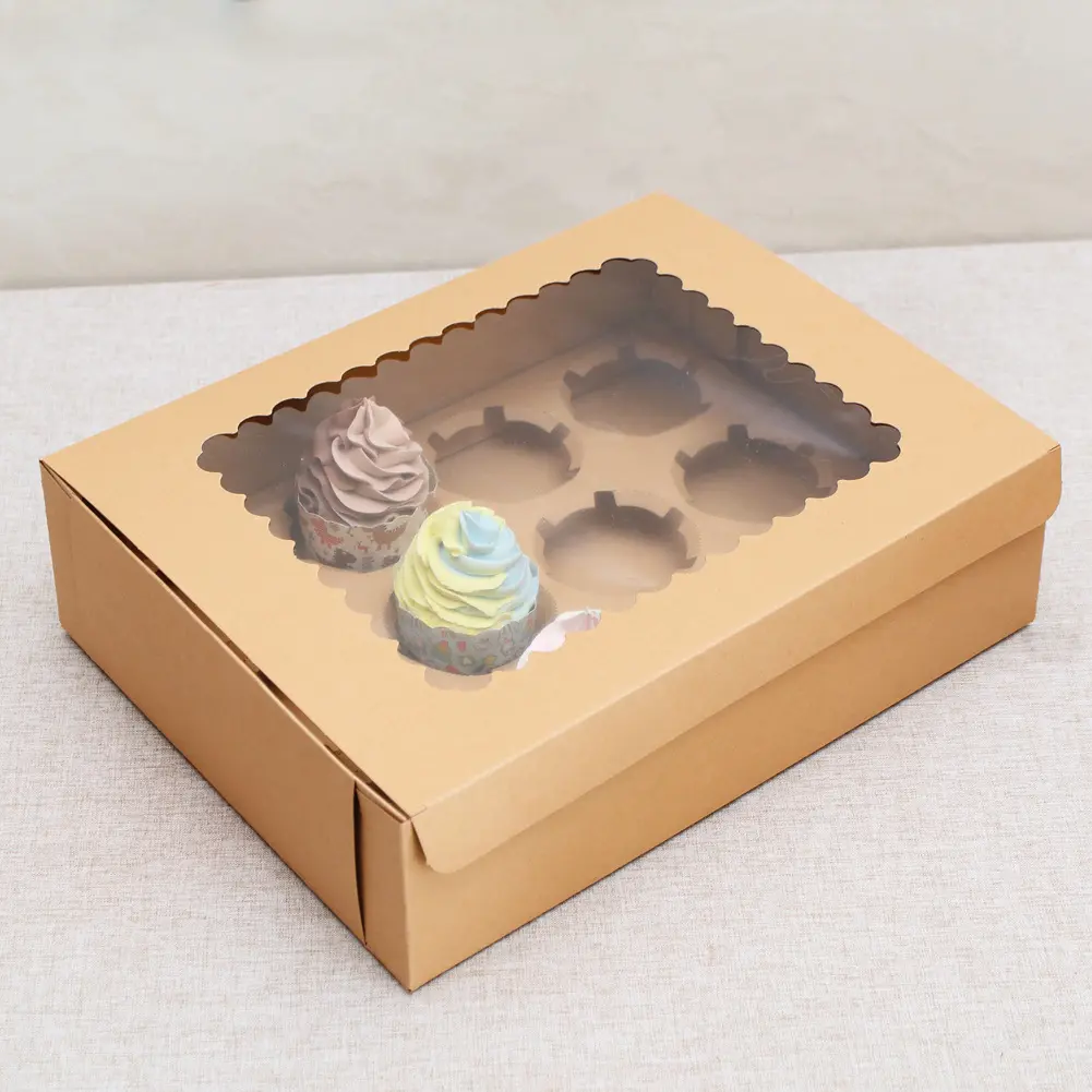Caja de Papel Kraft para Cupcakes, paquete de 2, 4, 6, 8 y 12 piezas de papel blanco y marrón, con ventana de Pvc transparente para mascotas