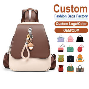 Genuine Split Leather Luxury <b>Backpack</b> Lightweight Anti-Theft <b>Brown</b> Ivory Color-Block Design Cute Rabbit Charm | OEM - Product Image 1