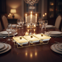 Chauffe-plats carré miroir en verre transparent de qualité supérieure avec support de base d'étagère plaqué or de haute qualité et couvercle supérieur