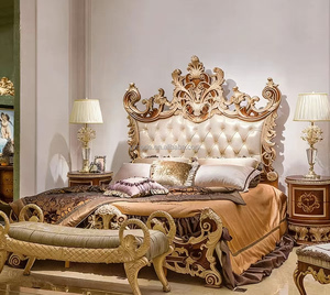 Lit baroque king-size antique classique victorien français Chesterfield capitonné vintage <span class=keywords><strong>en</strong></span> bois sculpté beige marron doré - Product Image 4