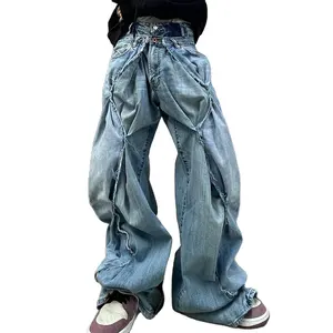 DIZNEW Marke Designer Jeans Streetwear Baggy gestapelte aufgeweiterte Denim-Hose blau leer hohe Taille plissierte Jean-Hose individuelles Logo