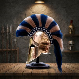 Casco de Armadura Espartana Romana de Diseño Griego Medieval, Casco Corinthiano de Latón Chapado en Oro con Detalles Azules, Usable - Product Image 4