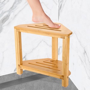 <b>Bamboo</b> Corner Shower <b>Stool</b> With Storage Shelf Non Slip Bathroom Step For Bathtub And Toilet Use - Product Image 1