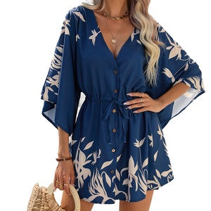 Vestido Mini de Verano con Estampado Sexy y Cuello en V, con Cordón en la Cintura, Manga Media, para Playa, Vacaciones, Casual, Holgado, para Mujer - Product Image 1