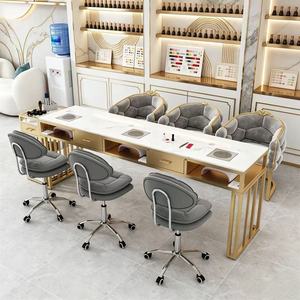 Table de manucure moderne en marbre, bureau de salon de beauté avec cadre métallique et aspirateur intégré - Product Image 5