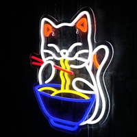 Enseigne néon LED multicolore personnalisée en acrylique sur pied, motif chat et ramen, avec contrôle Bluetooth