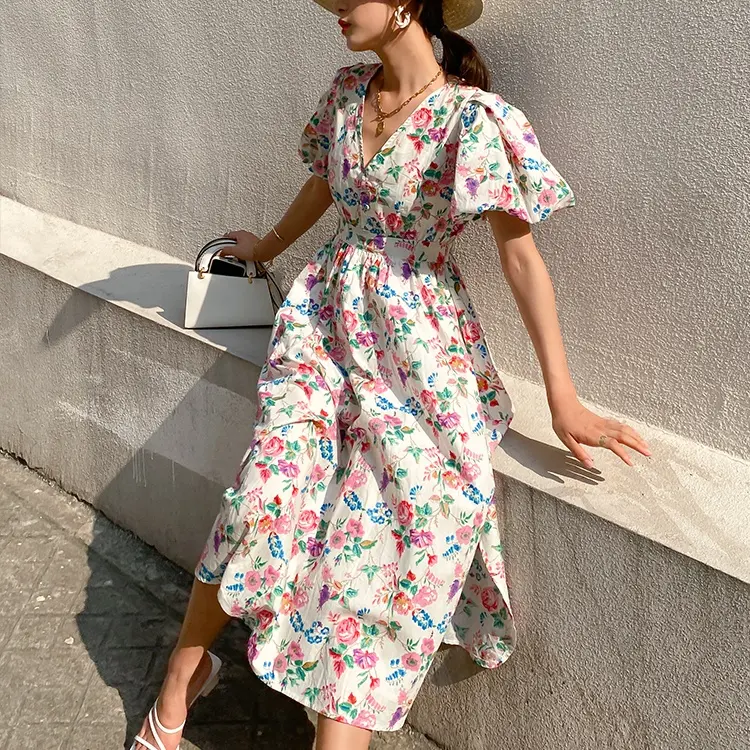 2023 new arrivals lady stylish cotton short puff sleeve high waist a-line floral maxi casual dress summer woman clothing