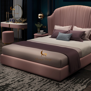 เตียงขนาดควีนไซส์ทำจากไม้จริงเตียงขนาดคิงไซส์สีชมพูหรูหราทันสมัย - Product Image 3