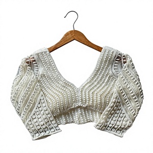Blusa Blanca de Encaje con Cuentas para Mujer, Cuello en V, Manga Corta, Estilo Étnico, para Bodas y Fiestas - Product Image 2