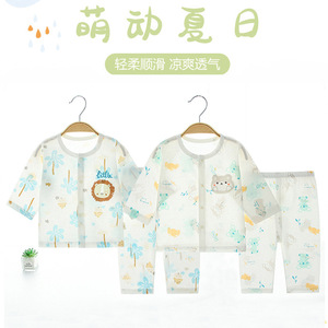 Conjunto de Verano para Bebé, Pijama de Manga Larga, Delgada y Transpirable, de Dos Piezas, Algodón Puro, Unisex - Product Image 4