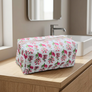 Floral Quilted Cotton Large Durable <b>Water</b> Resistant Zipper Hanging Vintage Cosmetic Bag Makeup <b>Pouch</b> for Case for Travel - Product Image 4