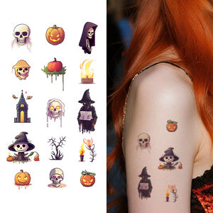 Autocollant Tatouages Temporaires <span class=keywords><strong>Halloween</strong></span> Château de Citrouille Magicien Faucheuse Dessin Animé Tatouage Étanche pour Visage Bras Doigt - Product Image 1
