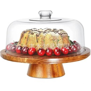 Jiufeng Wooden Cake Stand With Glass Lid Round Solid Wood Dessert <b>Tray</b> For Party <b>Table</b> Decoration - Product Image 1