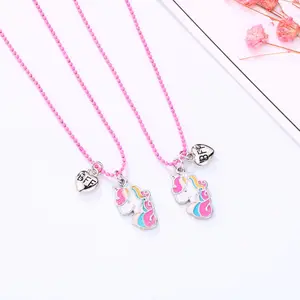 BXL23052 New Trend Cute Unicorn BFF Metal Necklace Set Sweet Barbi Pink Dripping Oil Glitter Alloy Friendship Necklace For Kids