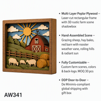 Boîte à souvenirs rustique personnalisée avec scène de ferme et grange |   Paysage en contreplaqué de peuplier multicouche découpé au laser, motif balles de foin de mouton