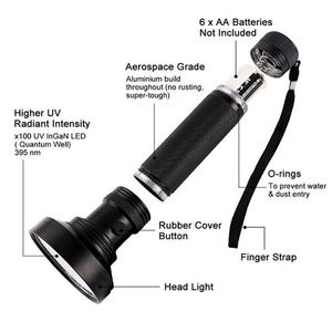 Logo OEM personalizzato <span class=keywords><strong>100led</strong></span> <span class=keywords><strong>UV</strong></span> 395nm luce <span class=keywords><strong>100LED</strong></span> LW torcia a raggi ultravioletti torcia torcia rilevatore di sicurezza della lampada (6xAA) - Product Image 4