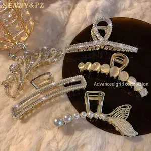 Migliore qualità di grandi dimensioni 11cm perla diamante metallo capelli artiglio clip di lusso placcato oro glitter strass elegante clip artigli di squalo