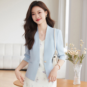 Women's Collarless Blazer White Solid Color Polyester Breathable Summer Style Short Professional Suit Set - Product Image 3