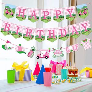 Pancarta de decoración de cumpleaños deportiva con temática de golf Rosa Pancarta de fiesta desechable y arreglo floral - Product Image 1