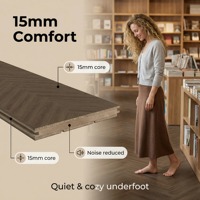 Parquet stratifié vintage multi-couches à chevrons avec motif bois foncé et parquet de 15 mm pour salon, extérieur et usage en parc