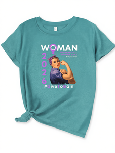 T-shirt élégant pour femme, col rond, manches courtes, imprimé Journée internationale de la femme 2032, style vintage, coupe classique, tissu jersey - Product Image 1