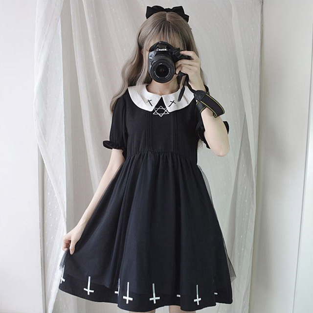 Vestido gótico retro de manga corta con lazo para mujer, traje de lolita japonesa