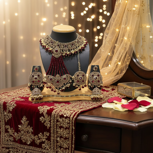 Parure de collier ras-du-cou, boucles d'oreilles et Maang Tikka en cuivre plaqué or vintage avec perles, tendance, faite à la main, pour mariée, fête ou cadeau de mariage - Product Image 3