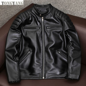 Jaqueta TONGYANG de Couro Bovino Legítimo Estilo Motociclista Clássico Masculina Slim Tamanhos Asiáticos S-6XL - Product Image 3