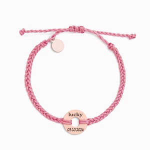Pink Braided <b>Rope</b> <b>Bracelet</b> With Rose Gold Plated Lucky Charm Engraved Date 03.10.2026 Adjustable Unisex Jewelry - Product Image 1