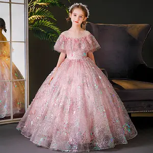 2022 Elegant Sequined Pink Flower Girls Wedding Dresses Kids Clothing Children Pageant Ball Gown Long Frock