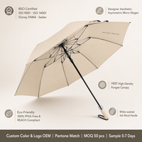 Parapluie compact esthétique minimaliste à 2 plis, couleur beige fromage, manche en bois de frêne, sans PFAS, conforme REACH, cadeau personnalisé de créateur
